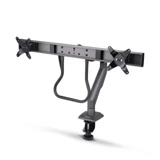 Desk Mount Dual Monitor Arm with Crossbar, Up To 27" Displays, VESA 75x75/100x100, Max 33lb/15kg, C-Clamp, Fully Articulating, Mechanical Spring, TAA