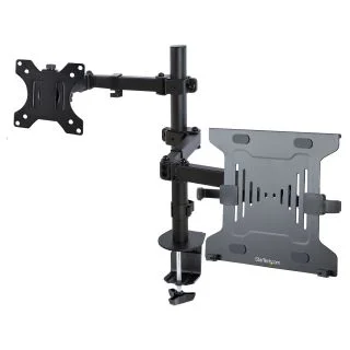 Monitor Arm with VESA Laptop Tray, For a Laptop (4.5kg/9.9lb) and a Single Display up to 32" (8kg/17.6lb), Black, Vented Tray, Adjustable Laptop Arm Mount, C-clamp/Grommet Mount